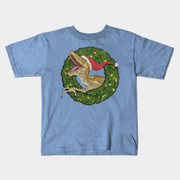 Velociraptor and Christmas Wreathe Kids T-Shirt by AyotaIllustration